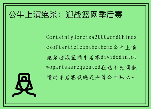 公牛上演绝杀：迎战篮网季后赛