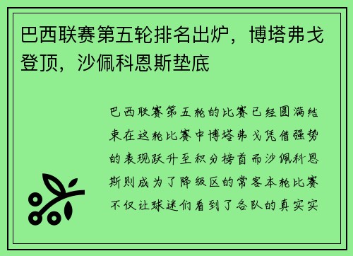巴西联赛第五轮排名出炉，博塔弗戈登顶，沙佩科恩斯垫底